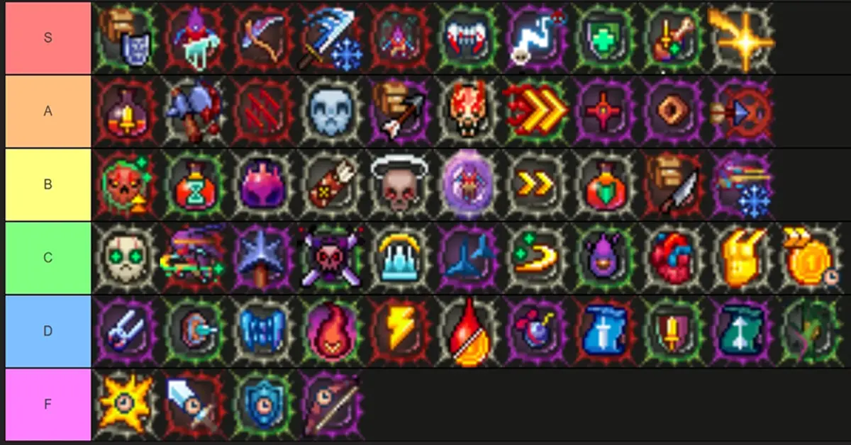 Um ecrã de inventário detalhado em Dead Cells mostrando várias armas, mutações e estatísticas da personagem.