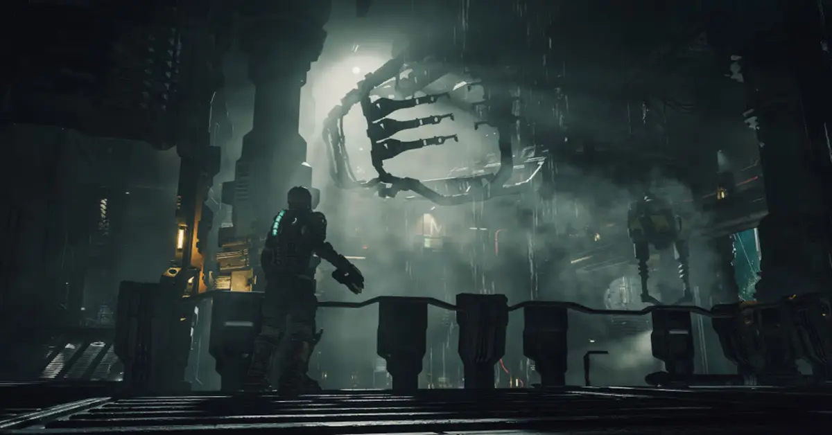 Isaac Clarke de pé num corredor escuro e manchado de sangue da USG Ishimura no Dead Space Remake.