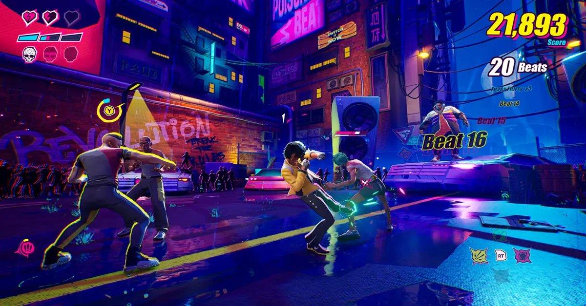 Sequência de jogabilidade do brawler rítmico em estilo néon Dead As Disco mostrando Charlie Disco lutando contra inimigos.