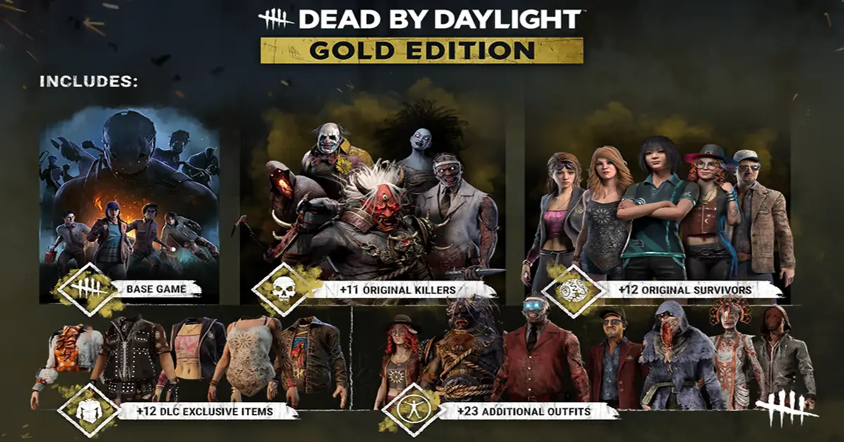 Uma grelha que mostra vários assassinos de Dead by Daylight provenientes de diferentes capítulos de DLC