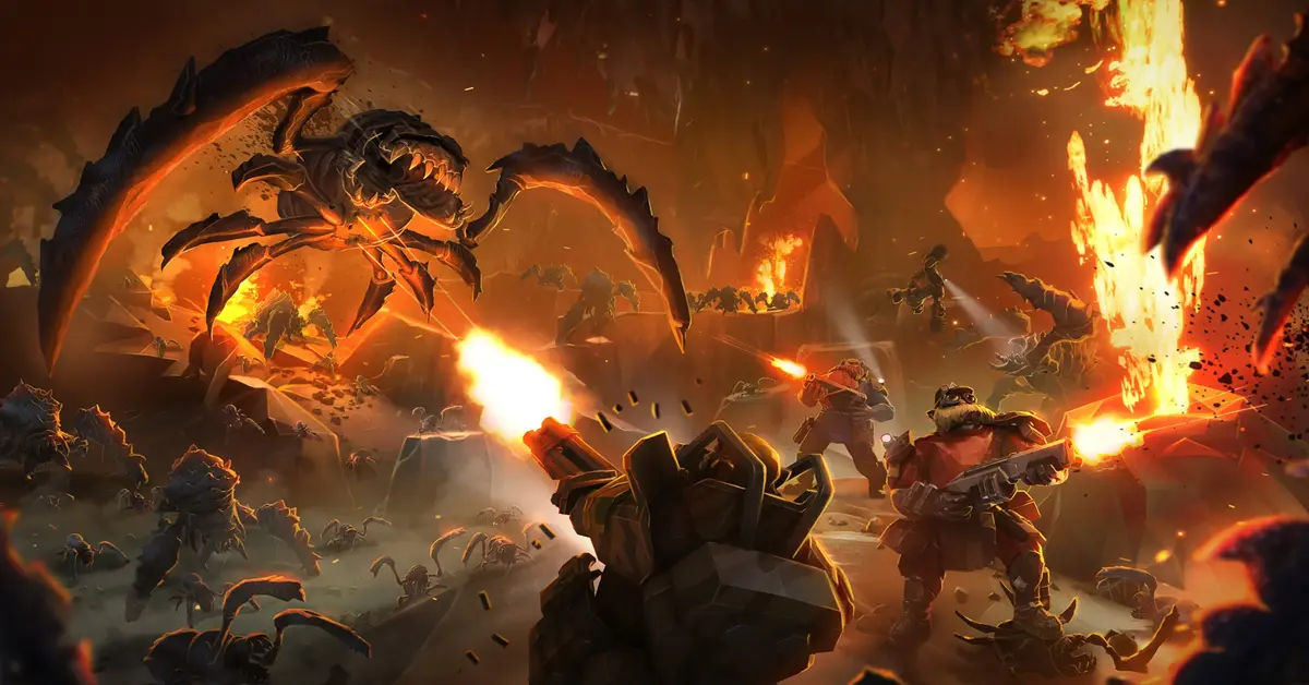 Uma equipa de anões de Deep Rock Galactic a combater um enorme enxame de insetos alienígenas Glyphid enquanto extraem ouro
