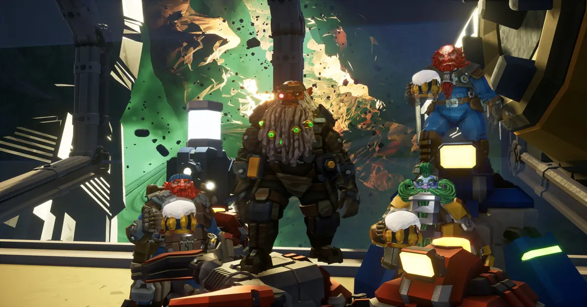 Quatro mineiros anões de Deep Rock Galactic equipados com equipamento de mineração pesado numa gruta brilhante gerada procedimentalmente