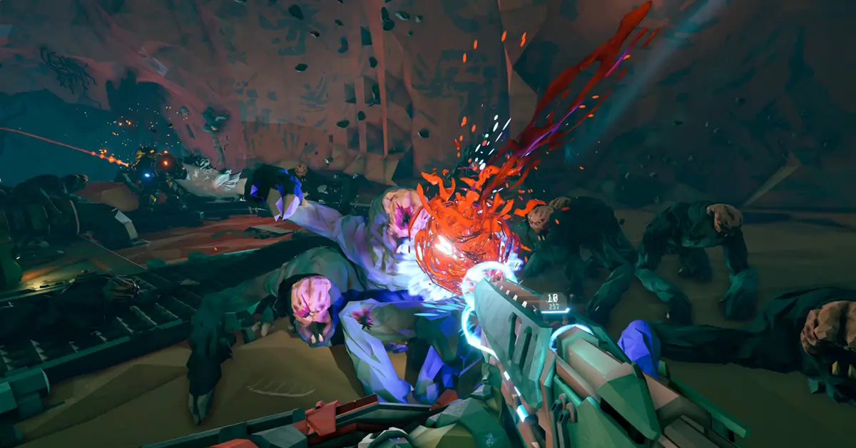 Visão na primeira pessoa de um Reclaimer a combater inimigos Corespawn em Rogue Core