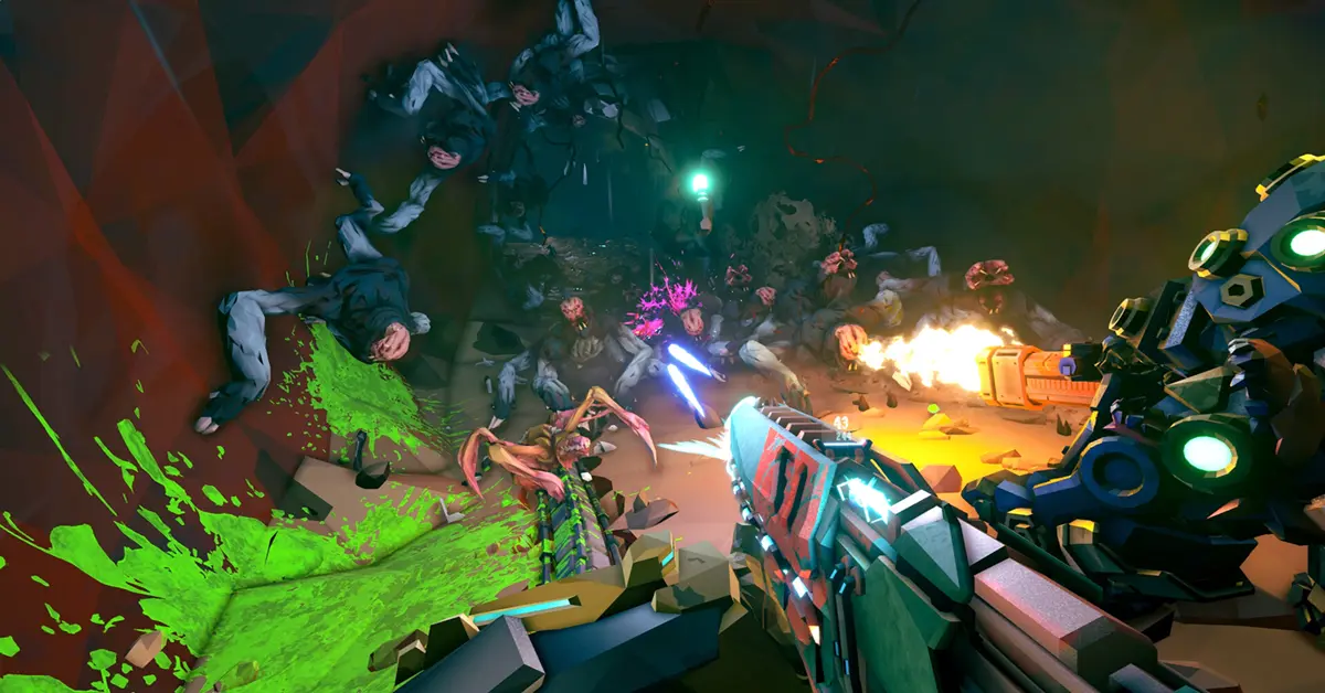 Um esquadrão de Reclaimers a lutar contra um enxame de inimigos Corespawn dentro de uma instalação metálica abandonada da Deep Rock Galactic.