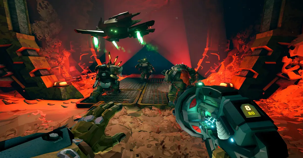 Reclaimers de Deep Rock Galactic Rogue Core a explorar uma caverna escura no PC