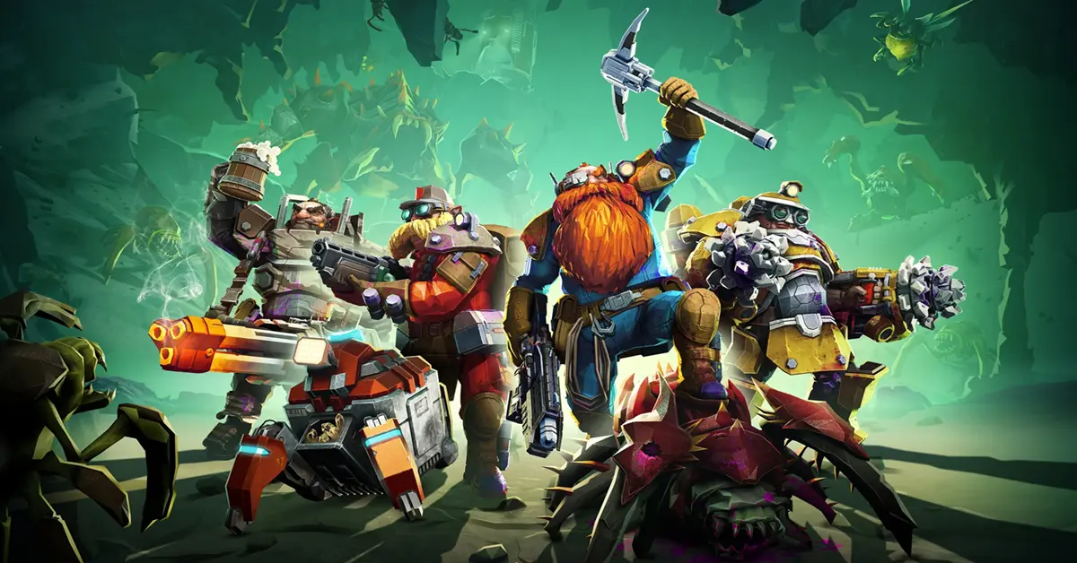 Um esquadrão de anões mineiros fortemente armados juntos numa caverna alienígena escura e brilhante em Deep Rock Galactic