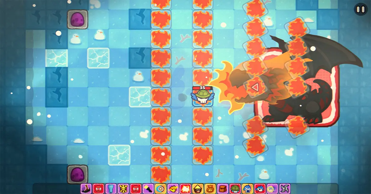 Interface de combate de Demon Lord Just a Block e encontros com inimigos