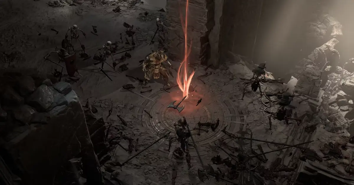 Jogabilidade de Diablo IV mostrando um Bárbaro a lutar contra demónios numa masmorra.