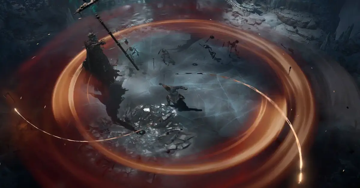 Um Bárbaro com armadura pesada a combater demónios numa dungeon escura