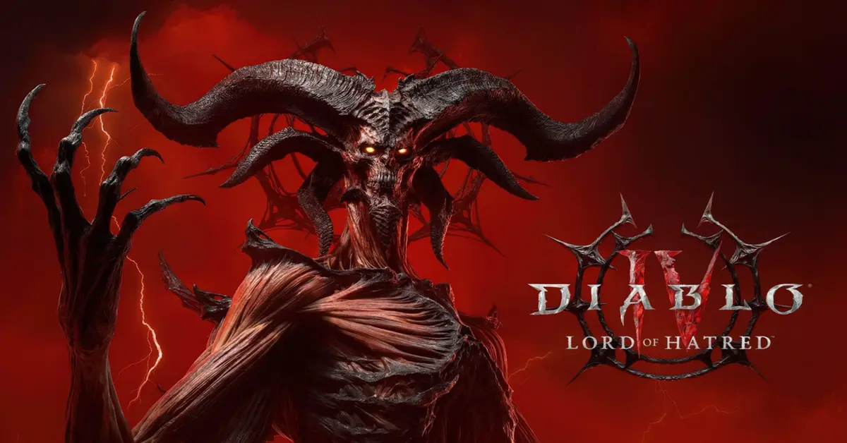 Arte promocional de Diablo IV mostrando um cenário de fantasia gótica sombria.