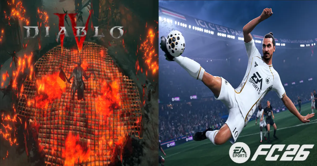 Capturas de ecrã de gameplay lado a lado a mostrar uma batalha ardente numa masmorra de Diablo 4 e um penálti tenso em EA Sports FC 26