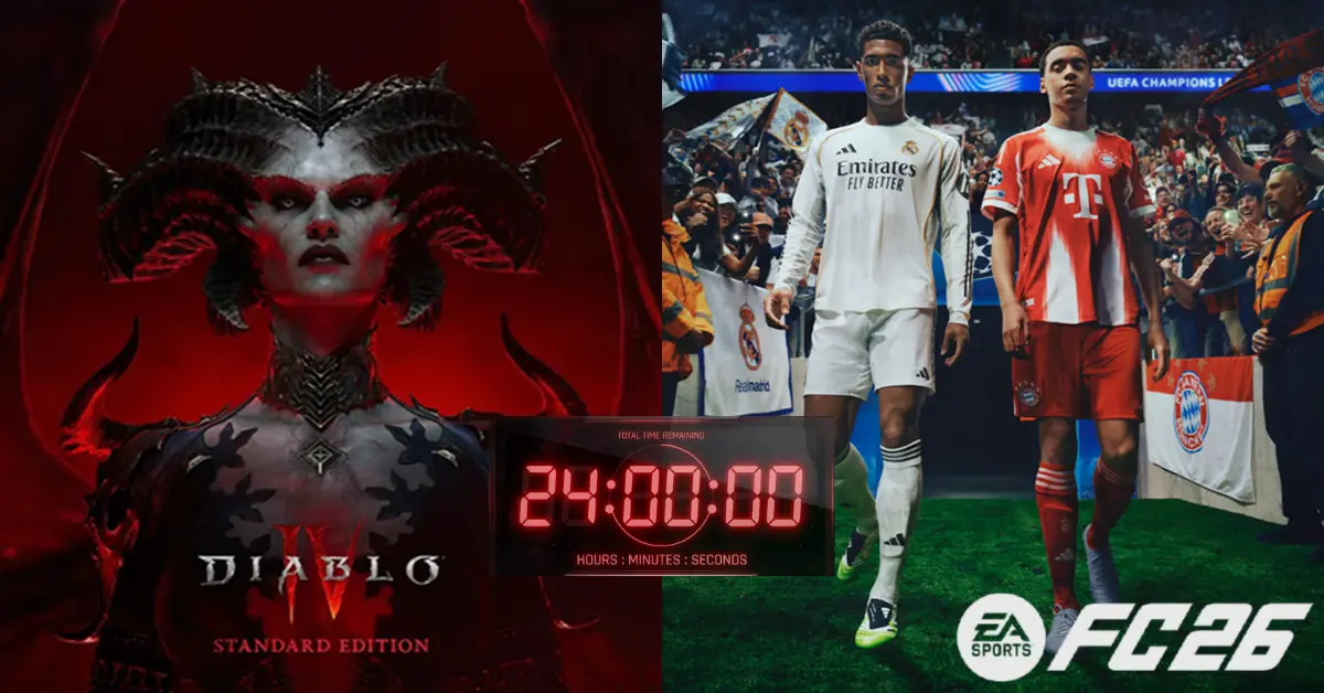 Gráfico de ecrã dividido mostrando Lilith de Diablo 4 e os atletas da capa de EA Sports FC 26 com um temporizador brilhante de contagem decrescente de 24 horas