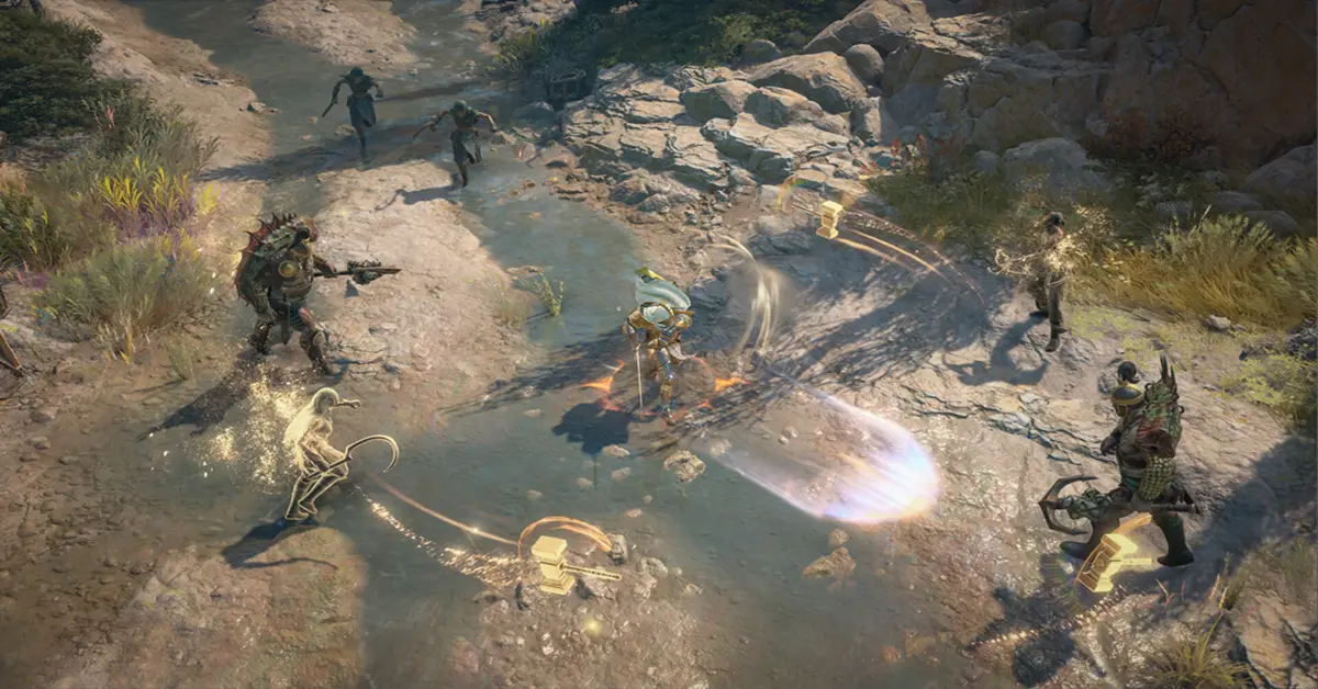 Captura de ecrã do jogo a mostrar uma personagem Paladino a empunhar uma espada vermelha brilhante e um escudo contra um fundo escuro em Diablo IV
