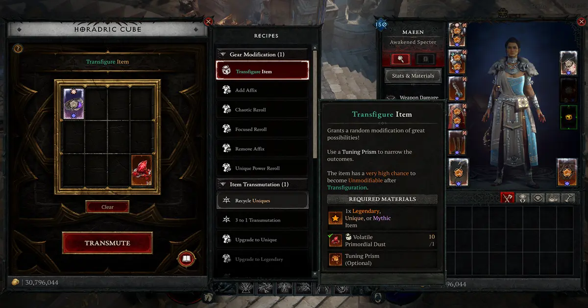 Captura de ecrã do gameplay de Diablo IV Lord of Hatred mostrando a nova interface de inventário de gemas.