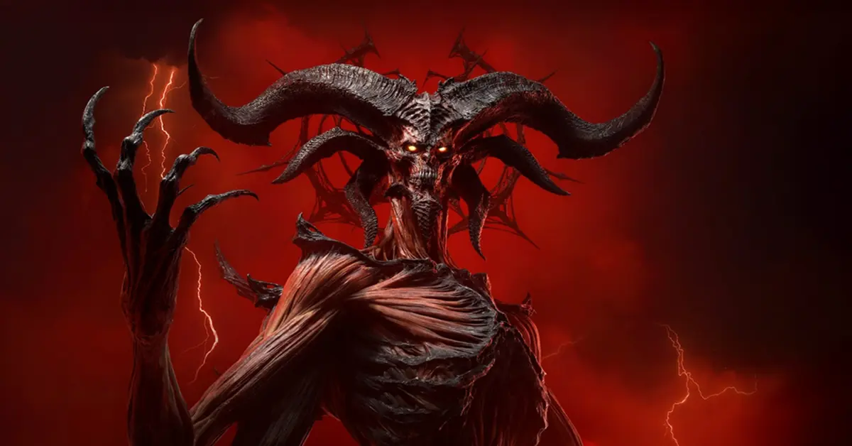 Arte oficial de Diablo IV Lord of Hatred apresentando uma figura demoníaca corrompida contra um fundo vermelho forte