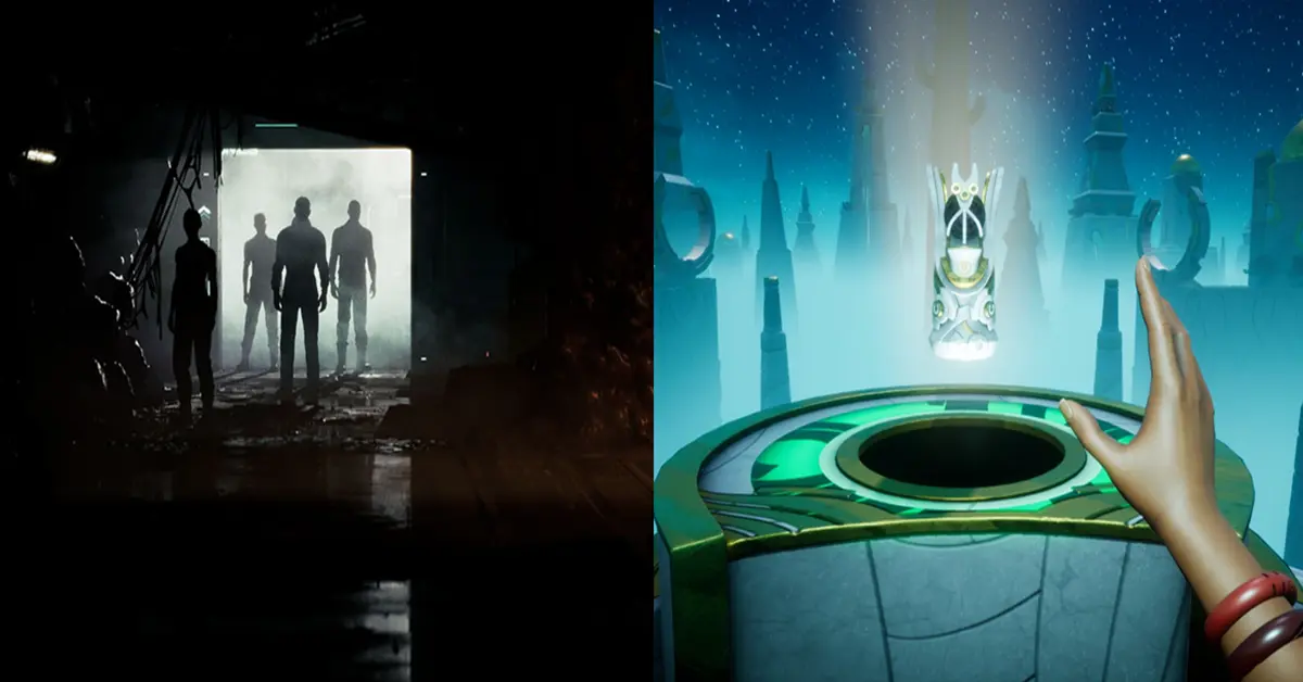 Ambientes de jogo que comparam os corredores escuros de Directive 8020 com as salas de quebra-cabeças coloridas de Call of the Elder Gods