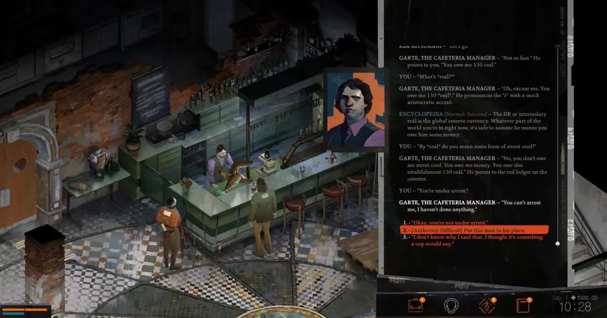 A intrincada interface de testes de habilidades e diálogos em Disco Elysium