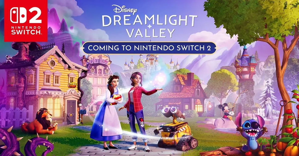 Personagens do Disney Dreamlight Valley reunidos na vila na Nintendo Switch 2