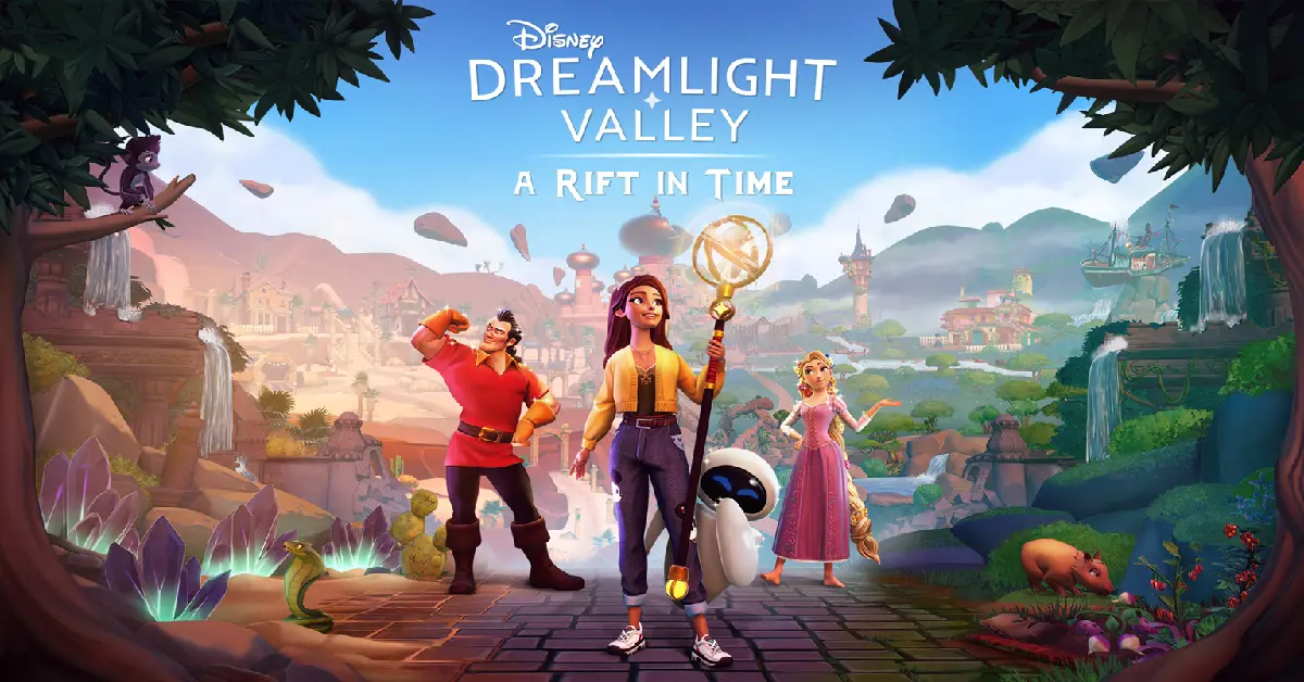 Personagens da expansão Disney Dreamlight Valley A Rift in Time Rapunzel Gaston e EVE na Ilha da Eternidade.