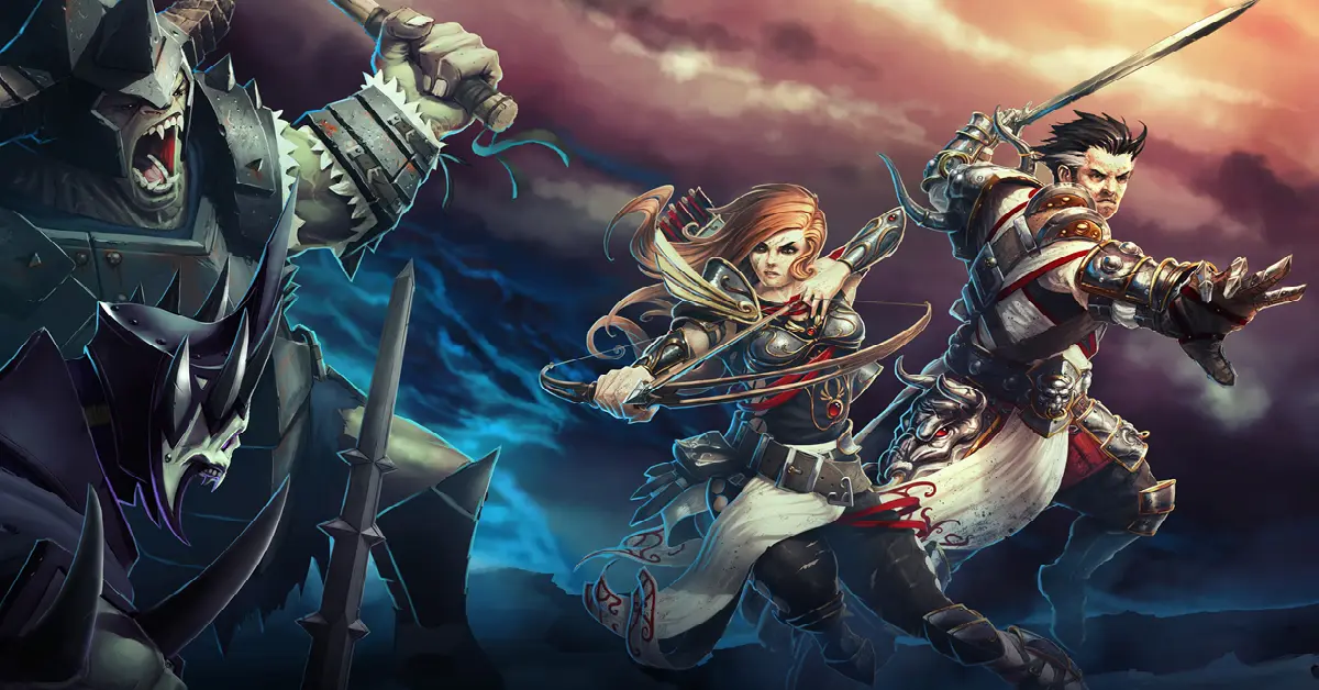 Arte principal de Divinity Original Sin Enhanced Edition mostrando os personagens principais a explorar um ambiente de fantasia vibrante e detalhado.