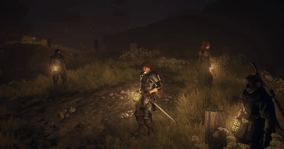 Um grupo de quatro aventureiros (Peões) caminhando por uma floresta densa ao pôr do sol.