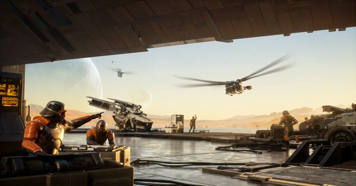 Um esquadrão de ornitópteros a voar sobre uma base de jogadores fortemente fortificada no deserto.