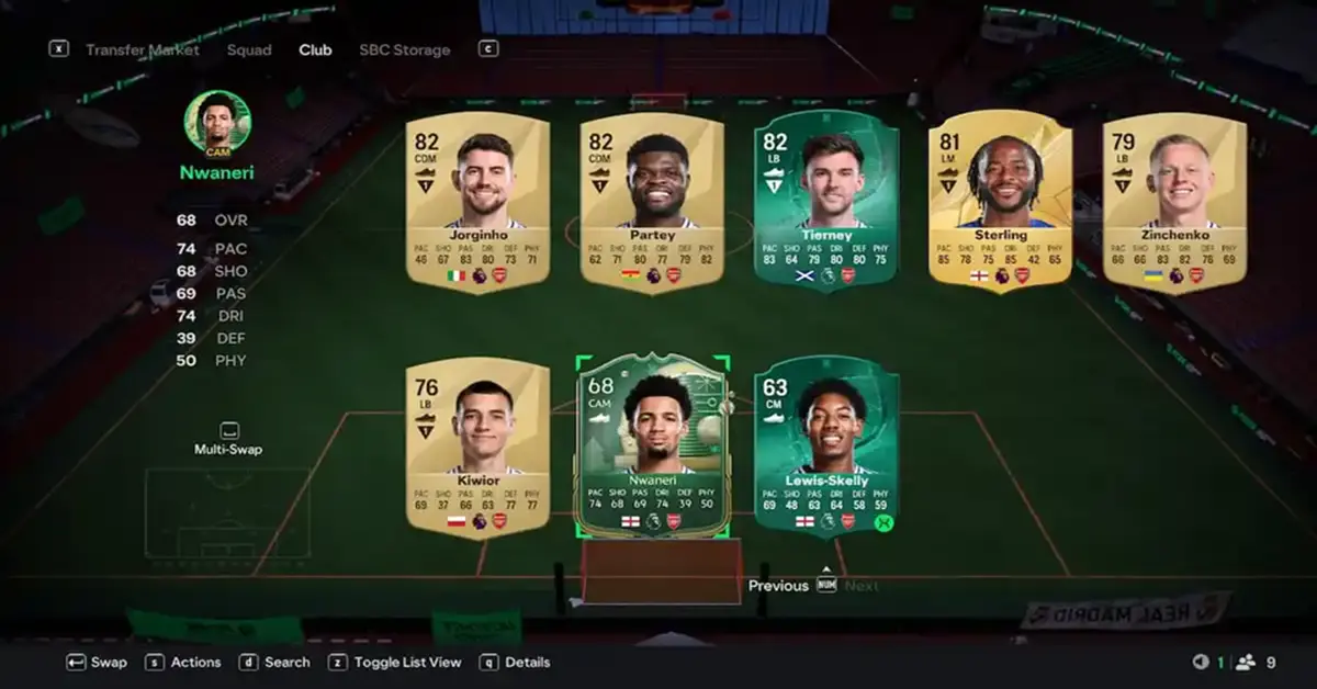Interface de gestão de cartas do Ultimate Team do EA SPORTS FC 25 a mostrar os atributos atualizados dos jogadores.