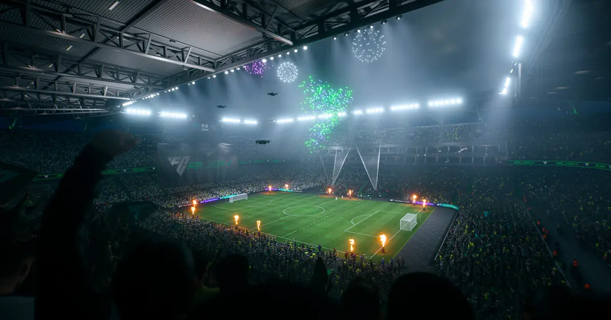 Gameplay de EA Sports FC 26 mostrando um jogo num estádio na fase final da temporada.