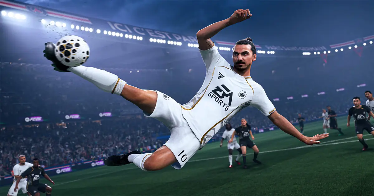 Grande plano de um avançado a celebrar um golo de última hora no EA Sports FC 26.