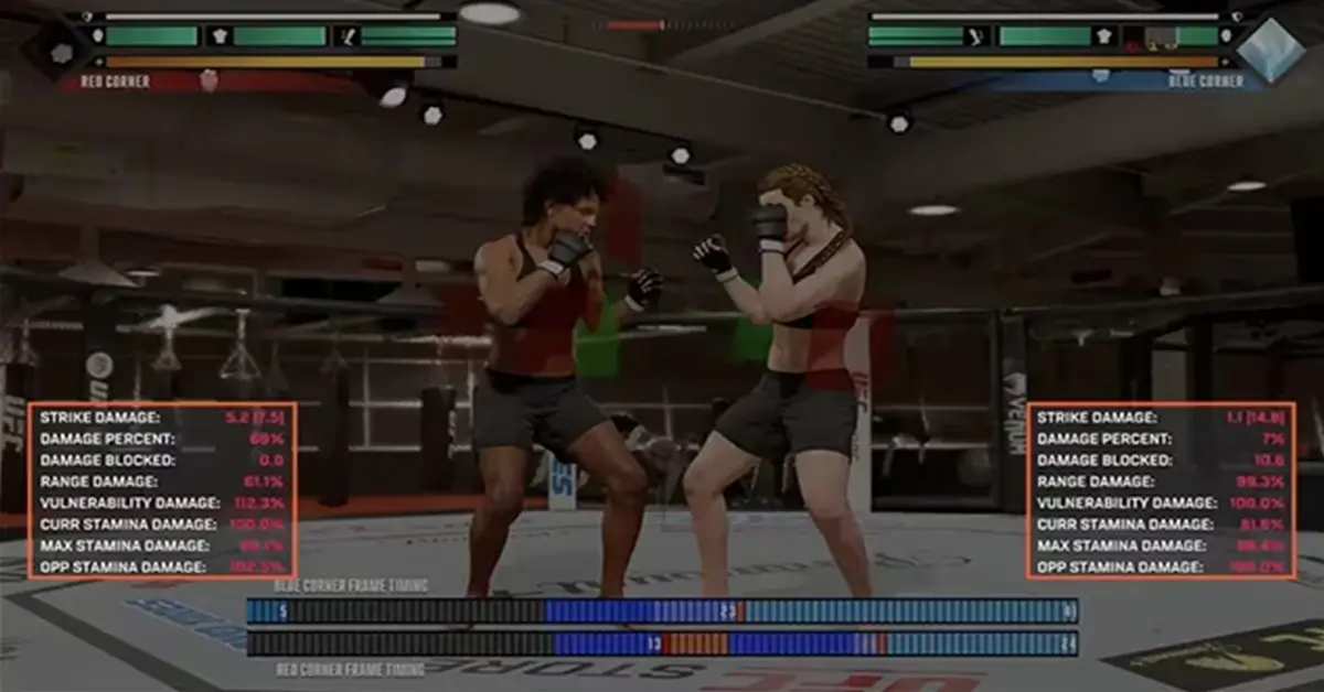 Ecrã de jogabilidade de um lutador do UFC 6 mostrando as métricas de desempenho