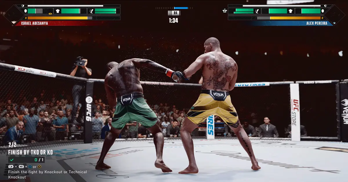 Interface de utilizador do jogo a exibir um lutador a entrar num Estado de Fluxo de Contra-Ataque com escurecimento visual do ecrã