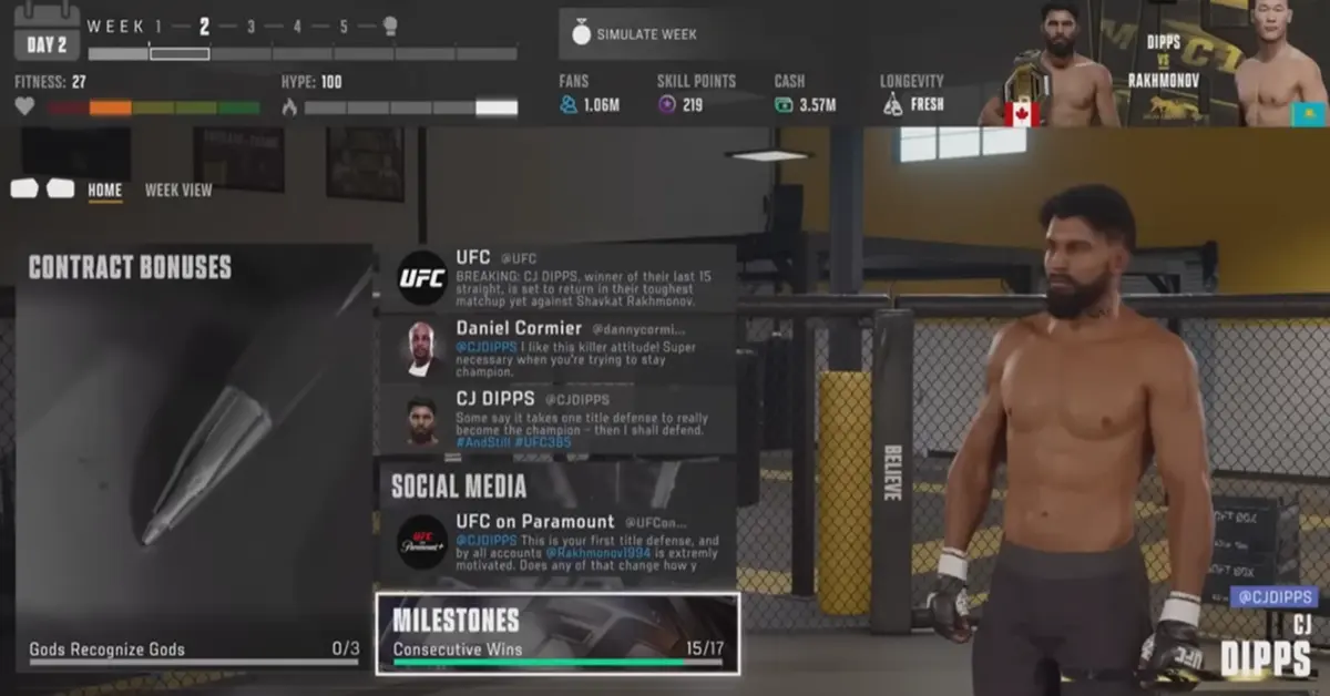Nova interface do Modo Carreira de EA Sports UFC 6 mostrando opções de diálogo e medidores de mediatismo do lutador