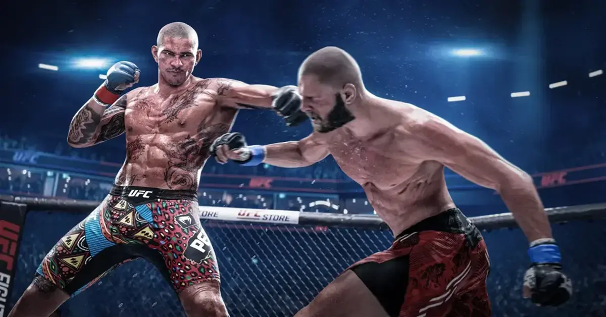 Dois lutadores de artes marciais mistas altamente detalhados enfrentando-se no octógono em EA Sports UFC 6 na PlayStation 5
