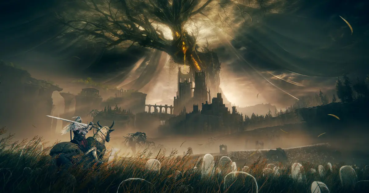 Um Maculado olhando para a brilhante Árvore Umbrífera em Elden Ring Shadow of the Erdtree