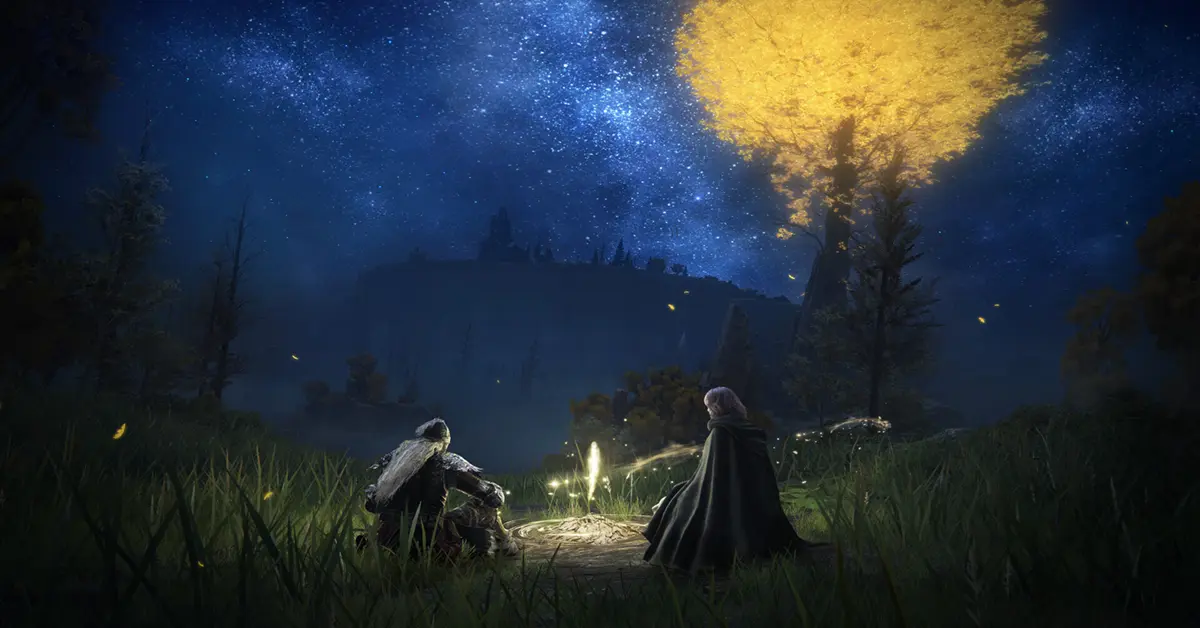 Captura de ecrã do gameplay de Elden Ring mostrando o vasto mundo aberto e a Térvore dourada.