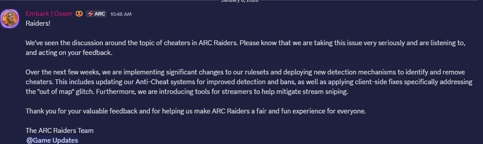 Embark Studios emite declaração para trapaceiros de ARC Raiders