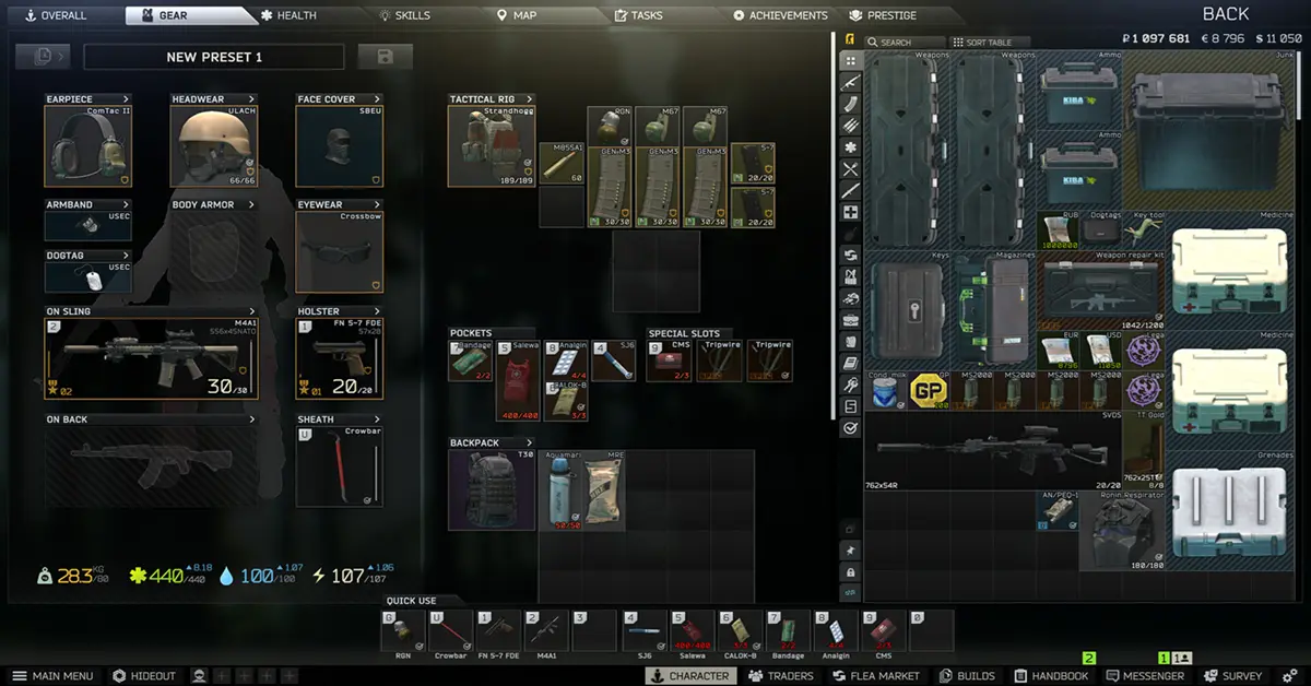 Visão geral comparativa do inventário de Escape from Tarkov e contentores seguros.