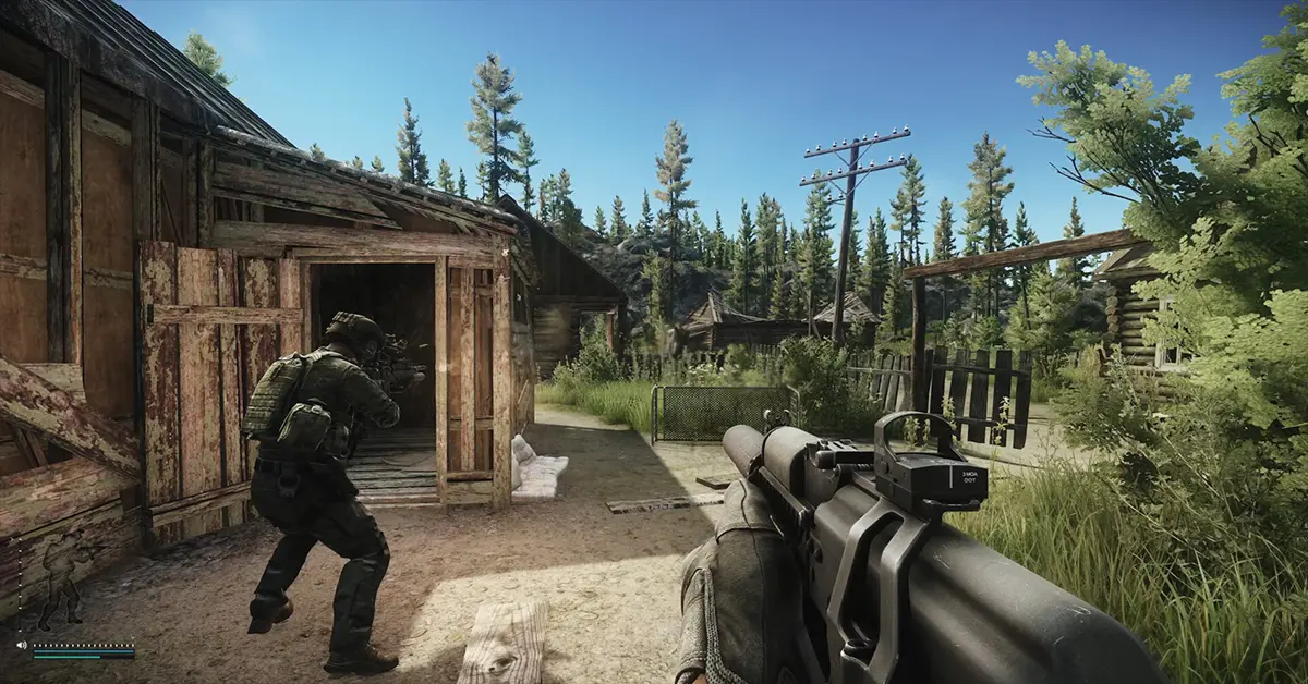 Um operador PMC de Escape from Tarkov a navegar numa incursão na região de Norvinsk.