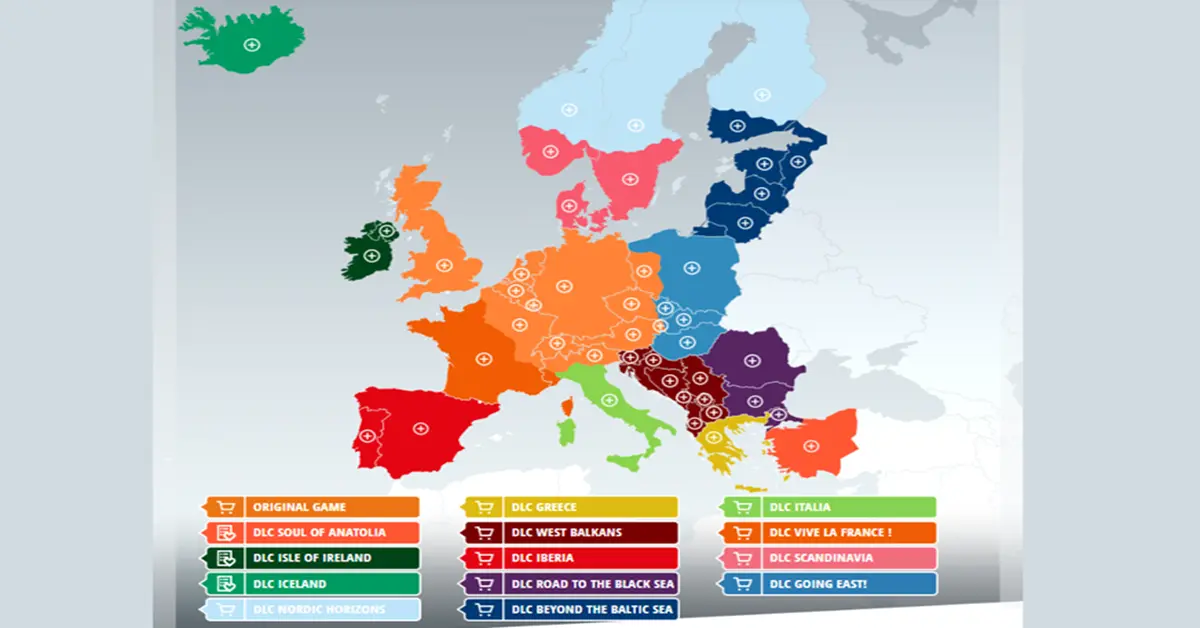 Interface do mapa que mostra os territórios europeus expandidos no Euro Truck Simulator 2