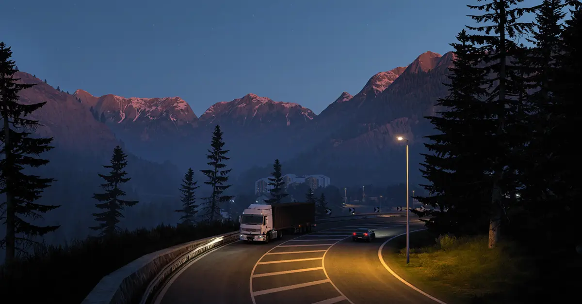 Um camião de transporte europeu personalizado a conduzir por uma autoestrada cénica em Euro Truck Simulator 2