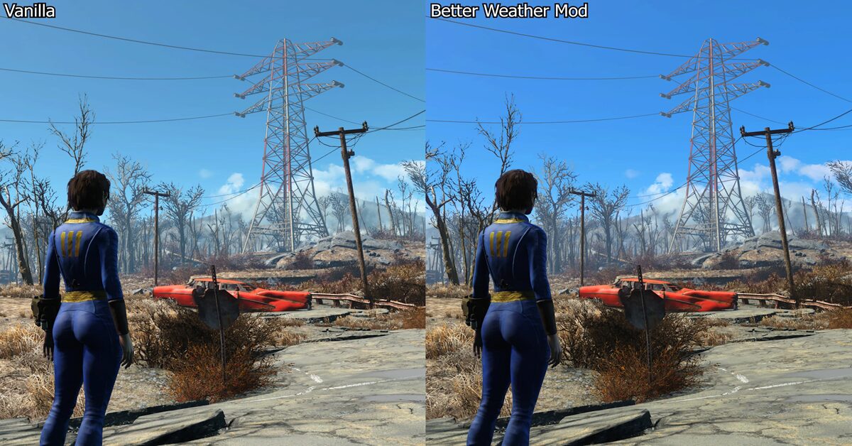 Uma captura de ecrã de jogabilidade fortemente modificada, mostrando efeitos meteorológicos melhorados e iluminação realista em Fallout 4.