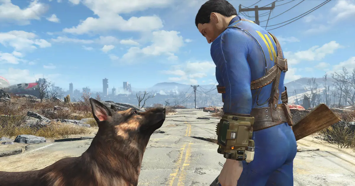 Captura de ecrã de alta resolução do Único Sobrevivente a observar as ruínas pós-apocalípticas de Boston em Fallout 4.