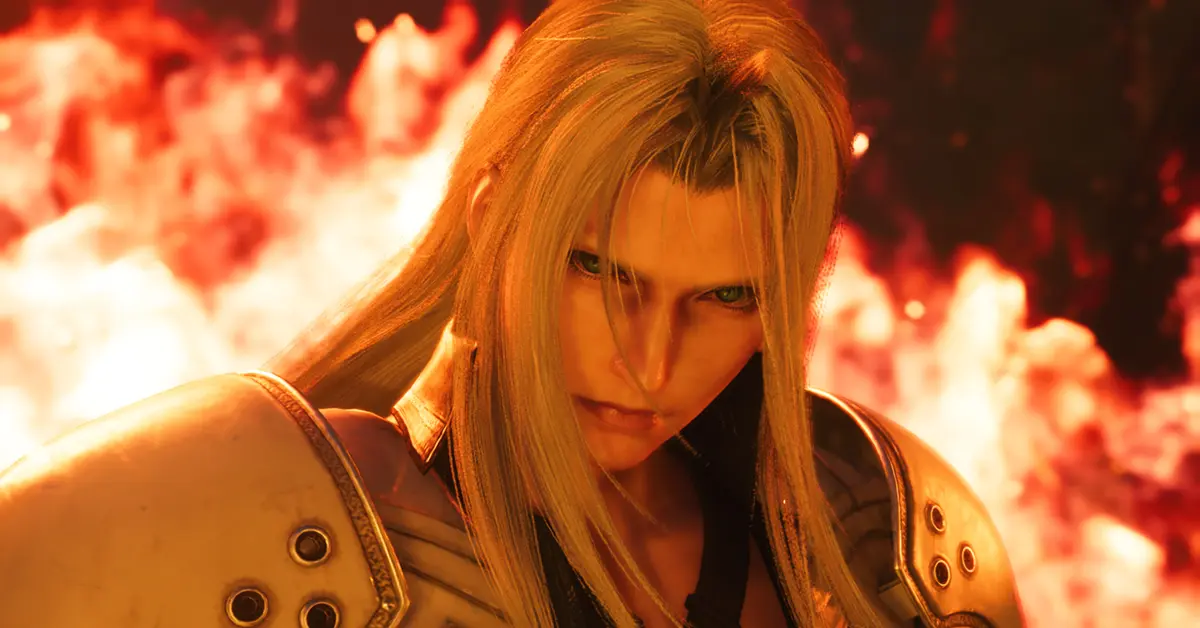 Sephiroth em pé entre chamas numa sequência di flashback.