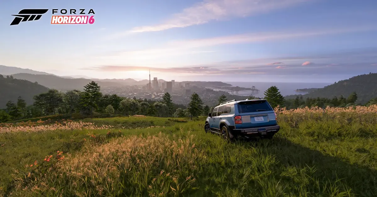 Uma vista panorâmica de passagens de montanha sinuosas nos arredores de Tóquio em Forza Horizon 6 durante o crepúsculo.