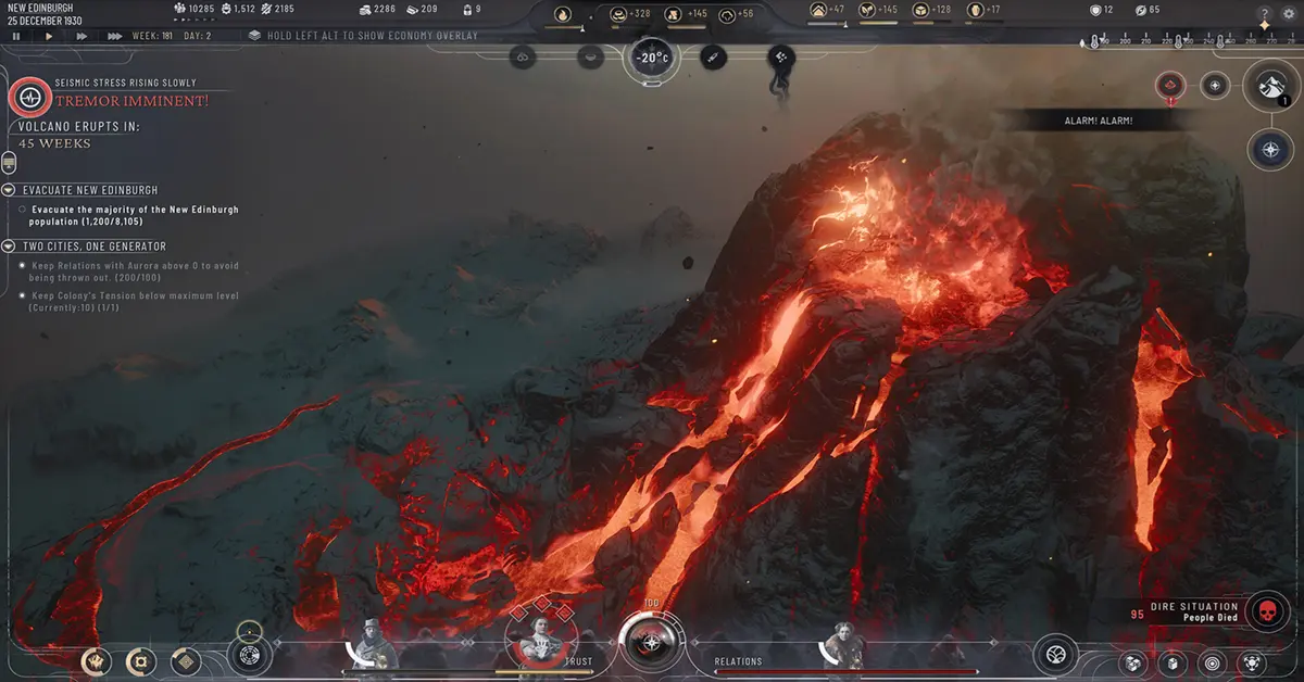 Interface de Frostpunk 2 mostrando queda de cinza vulcânica sobre a colónia de Nova Edimburgo