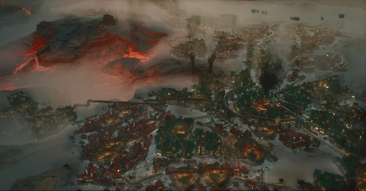 Visão geral da nova cidade vulcânica em Frostpunk 2 Breach of Trust