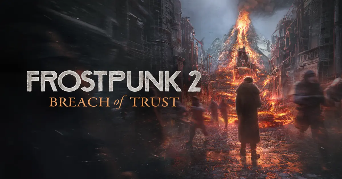 Arte principal da expansão Frostpunk 2 Breach of Trust mostrando uma Nova Edimburgo congelada e fumo vulcânico