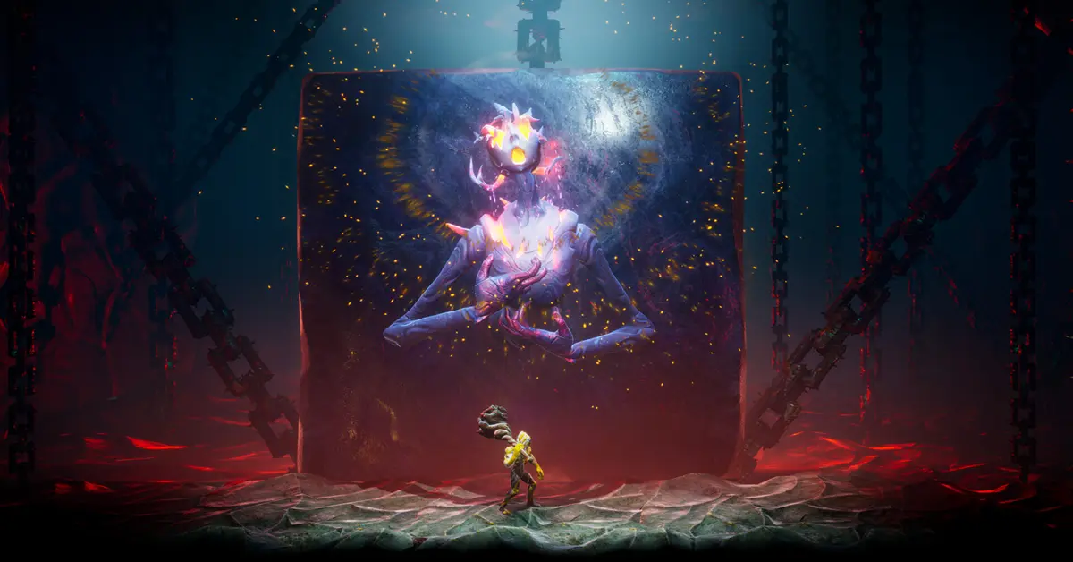 Um protagonista surreal e rochoso em Grime II a absorver um inimigo derrotado numa caverna escura e atmosférica.