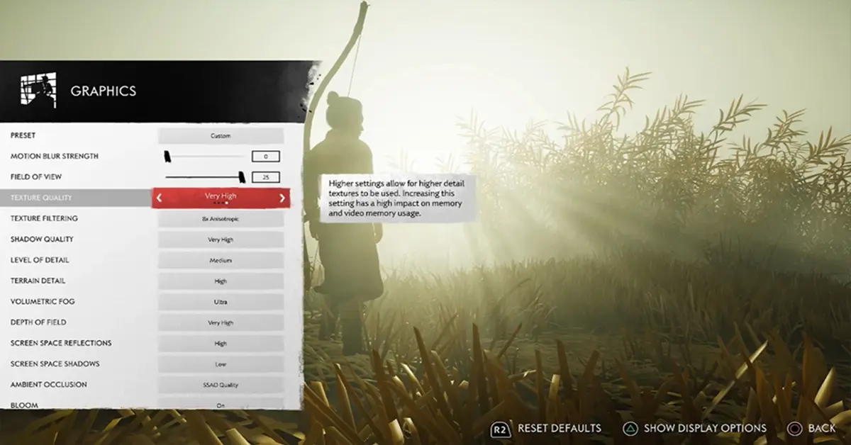 Menu de definições de PC de Ghost of Tsushima mostrando opções de gráficos e desempenho.