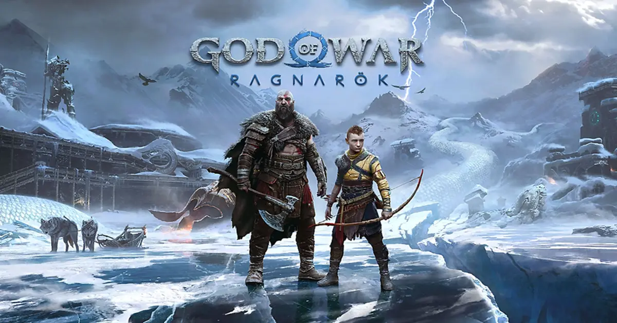 Kratos e Atreus na neve gelada do Fimbulwinter em God of War Ragnarök